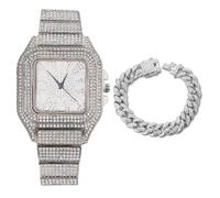 Halukakah Diamanten Gold Uhr Iced Out,Herren Platin Weißgold Plattiert Zifferblatt mit Arabischen Zahlen Quarz 22cm,mit Cuban Gliederkette 20cm Armband Set,Kommt mit Geschenkbox