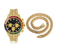 Halukakah Gold Uhr Diamanten Mehrfarbig,Herren 18K Echtes Gold Plattiert 40MM Breite Schwarz Zifferblatt Quarz Armband 21cm mit Kubanischer Kette 45cm Necklace,Kostenlose Geschenkbox