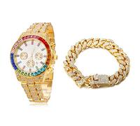 Halukakah Gold Uhr Diamanten Mehrfarbig, Herren 18K Echtes Gold Plattiert 40MM Breite Weiß Zifferblatt Quarz Armband 21cm mit Kubanischer Kette 20cm Bracelet,Kostenlose Geschenkbox