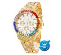 Halukakah Gold Uhr Diamanten Mehrfarbig, Herren 18K Echtes Gold Plattiert 40MM Breite Weiß Zifferblatt Quarz Armband 21cm,Kostenlose Geschenkbox