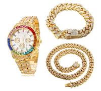 Halukakah Gold Uhr Diamanten Mehrfarbig, Herren 18K Echtes Gold Plattiert 40MM Breite Weiß Zifferblatt Quarz Armband 21cm mit Kubanischer Kette 20+45cm Halskette Armband,Kostenlose Geschenkbox