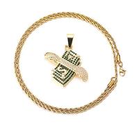 Halukakah Goldkette für Männer Iced Out,18 Karat Echt Vergoldet Engelsflügel Dollar Geld Anhänger Halskette Volle Cz Labordiamanten Zinken-Set mit Seilkette 60cm Kostenlose Geschenkbox