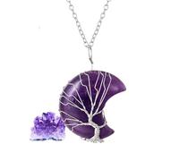 Halukakah Kristalle Steine Frauen Halskette Amethyst Quarz Lila Kristall Platinierter Messingdraht Handgemacht Wicklung Lebensbaum Mondform Anhänger 30×40mm mit Kette 50cm