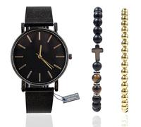 Halukakah Minimalistische Schwarzes Herrenuhr aus Edelstahl - mit Vergoldetem Hämatit Perlenarmband, Kreuz Tigeraugen Naturstein Perlenarmband, 3er-Set mit Eleganter Geschenkbox