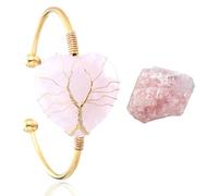 Halukakah Naturstein Kristallarmband - LUNARLIEBE - Handgefertigt Plattiert mit 18 Karat Gold Wickeldraht Lebensbaum, Rosenquarz Herz Form Anhänger Größenverstellbar