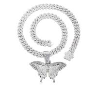 Halukakah Platinplattiertes Anhänger-Halsketten für Männer - Über 1000 Diamanten - Kubanische Gliederkette - Geclusterte Diamanten 3D Schmetterling Anhänger - Hip-Hop-Stil - mit Geschenkbox