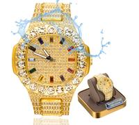 Halukakah Premium-Diamant Gold Uhr Für Männer - 18k Echtgold Plattiert,Extragroßes,Diamanten Besetztes Zifferblatt mit Mehrfarbigen Edelsteinen,Iced Out,24cm Armband, mit Geschenkbox