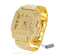 Halukakah Premium-Diamant Gold Uhr für Männer - 18k Echtgold Plattiert,Römische Ziffern,Quadratisches Zifferblatt,200g Schwer,3 Seiten Iced Out,24cm Armband - Geschenkbox Inklusive