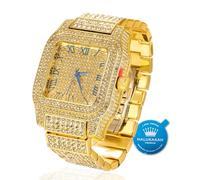 Halukakah Premium Moissanite Diamant Gold Uhr für Männer - 18k Echtgold Beschichtung, Basic Wasserdicht,Römische Ziffern Quadratzifferblatt,3-Seiten Iced Out,24cm Armband - Geschenkbox Inklusive