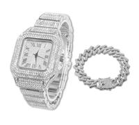 Halukakah Quadratisch Zifferblatt Diamant Golduhr Iced Out, Männer Platin Weißgold Plattiert Quarz Armband 24cm, mit Kubanische-Kette Armband 20cm, mit Geschenkbox