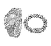 Halukakah Rundes Zifferblatt Diamant Golduhr Iced Out, Männer Platin Weißgold Plattiert Quarz Armband 24cm, mit Kubanische-Kette Armband 20cm, mit Geschenkbox