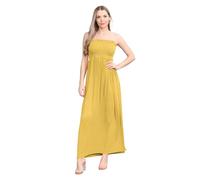 Hamishkane® Einfarbiges Maxikleid für Damen, trägerloses Bandeau-Kleid, durchscheinendes gerafftes Boobtube-Kleid, Freizeitkleid, lange Sommerkleider für Damen, senffarben, 34-36
