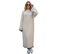 Hamishkane Geripptes Strick-Pulloverkleid für Damen, kontrastierende Paspelierung, langärmelig, Maxikleid, stilvolles Überziehen, lange Strickpullover, weich, bequem, Winterkleider, stone