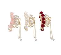HAMPPLIES 3 Stück Rutschfeste Haarspangen mit Schleife und Rosenmuster Blumen Haarclips in Rosa Weiß Rot Dekorative Quasten Haarklammern für Damen und Mädchen