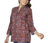 Handbedruckte Bohobluse, luftige Baumwolltunika, Damen, rostrot, M