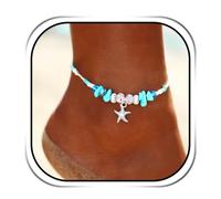 Handcess Boho Seestern Fußkettchen Silber Türkis Fußkettchen Strandperlen Fußfesseln für Frauen und Mädchen