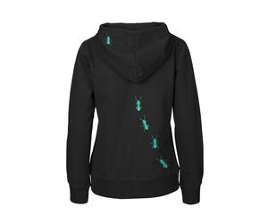 HANDGEDRUCKT "Ameisen" Frauen Zip-HOODY aus reiner Biobaumwolle (kbA) Black XL