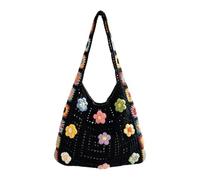 Handgefertigte Gehäkelte Blumentasche - 33 Cm Große Strandtasche Aus Strickgarn, Schultertasche Mit Dekorativem Blumenmuster, Weicher, Leichter Organizer | Damen Mädchen Sommer Reisen Musik Festival L