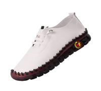 Handgefertigte Lederschuhe Freizeitschuhe Damen Leder Wanderschuhe Flache Sohle Walkingschuhe Einfarbig Fitnessschuhe Mit Schnürung Halbschuhe Atmungsaktive Schlupfschuhe Bequeme (White, 40)