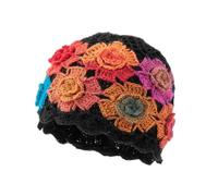 Handgefertigte Mohair-Strickmütze mit Farbverlauf, doppellagig, warm, dreidimensional, Blumenstickerei, Wintermütze, für draußen und den täglichen Gebrauch im Herbst und Winter (schwarz)