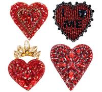 Handgefertigte rote Krone Herz Perlen Strass Patches Applikation für Mantel Kleidung Dekor Nähzubehör (E-Mix 4 Stück)
