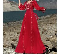 Handgenähtes rotes Langarmkleid mit Kristall- und Perlenverzierung, Kaftan und Jalabiya, luxuriöse Abendkleider für Frauen, bescheiden