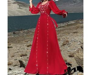 Handgenähtes rotes Langarmkleid mit Kristall- und Perlenverzierung, Kaftan und Jalabiya, luxuriöse Abendkleider für Frauen, bescheiden