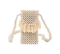 Handgewebte Damen-Geldbörse, Quasten, Perlen, modische Schultertaschen für Urlaub, leichte und freundliche Handytasche, natürliche Stile, Umhängetasche, beige