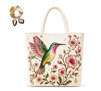 Handmade Crochet Bee Embroidered Tote Bag,Women Bohemian Style Knit Shoulder Bag,Floral Vintage Woven Lightweight Handbag