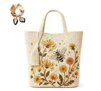 Handmade Crochet Bee Embroidered Tote Bag,Women Bohemian Style Knit Shoulder Bag,Floral Vintage Woven Lightweight Handbag