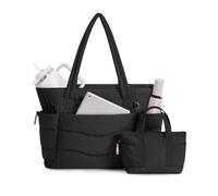 Handtasche Damen Tote Bag 2-TLG Puffer Shopper Tasche mit Laptopfach (15,6 Zoll) & Getränkehalter (40oz/1.18l), Ideal für Arbeit Schule Reisen Shopping,Schwarz (Patent Angemeldet)