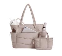 Handtasche Damen Tote Bag 2-TLG Puffer Shopper Tasche mit Laptopfach (15,6 Zoll) & Getränkehalter (40oz/1.18l), Ideal für Arbeit Schule Reisen Shopping,Beige (Patent Angemeldet)