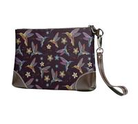 Handtasche mit Blumen- und Kolibris-Stickerei, bedruckt, Leder, Clutch, Damen, Reißverschluss, Geldbörse, Handtasche mit Handgelenkschlaufe, Schwarz , Einheitsgröße