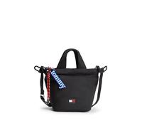 Handtasche TOMMY JEANS "TJW ICON CHARMS BUCKET BAG", Damen, Gr. B/H/T: 14cm x 17,5cm x 12,5cm, schwarz, Textil, Taschen Handtasche, Damen Tragetasche, Umhängetasche mit abnehmbarem Schlüsselanhänger (