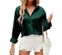 HANERDUN Bluse Damen Elegant Langarmshirt V-Ausschnitt Hemd Satin Oberteile