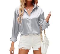 HANERDUN Damen Bluse Langarmshirt V-Ausschnitt Hemd Die Seide Elegant Lässige Oberteile Knopfleiste Arbeit Einfarbig Hemdbluse(WineRed_XL)