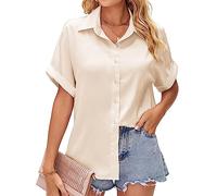 HANERDUN Damen Hemd Freizeit Bluse Kurzarmshirt Elegant Hemdbluse zum Knöpfen V-Ausschnitt Casual Arbeit Shirt