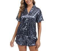 HANERDUN Schlafanzug Damen Pyjama Set Satin Kurzarm Nachtwäsche mit Knopfleiste Zweiteiliger Hausanzug Sleepwear Pjs Sets