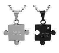 Hanessa 2 Stück Personalisierte Kette mit Gravur Edelstahl 60 cm mit Anhänger Herz Puzzle in silber schwarz - Personalisierte Geschenke für Damen Herren Freundin Freund - Partner Halskette Sie Ihn