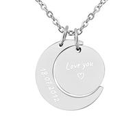 Hanessa 2 Stück Personalisierte Ketten mit Gravur Edelstahl 45-60 cm mit Anhänger Halbmond und Kreis in silber - Halsketten für Männer und Frauen - Personalisierter Schmuck Damen Herren Freunde