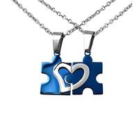 Hanessa 2 Stück Personalisierte Ketten mit Gravur Edelstahl 45-60 cm mit Anhänger Herz Puzzle in blau silber - Halsketten für Männer Frauen - Personalisierter Schmuck Paare Damen Herren Freunde