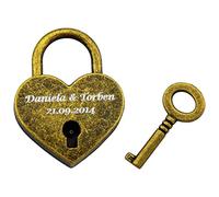 Hanessa Liebesschloss Graviertes Herz Vorhänge-Schloss mit Schlüssel mit Ihrer Gravur Hochzeitstag Jahrestag Geschenkidee Namensgravur in der Farbe Vintage Gold