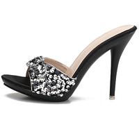 Hanfike Slip On Heeled Sandal Mules for Women Casual Comfortable Summer Slide Shoes Schwarz/Silber Pailletten EU 40.5