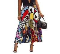 HANMAX Damen Graffiti-Rock mit Faltenrock Cartoon-Druck Elastischer Taille A-Linie Swing Midirock