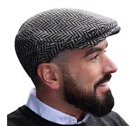 Hanna Hats Herren-Fahrermütze aus Donegal-Tweed im Vintage-Stil, Flach, Hergestellt in Irland, 100% Wolle (Granitgrau, Fischgrätenmuster,) Large
