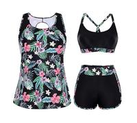 Hanna Nikole Badeanzüge für Damen,3 teilig Bauchweg Tankini Set,Sport Bademode,Push Up Bikini Oberteil Und High Waist Badeshorts Mit Taschen,Verstellbare Badebekleidung Schwimmanzug Strandmode