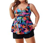 Hanna Nikole Damen Große Größe Bauchweg Tankini,Zweiteiliger Badeanzug,Badeshorts mit Taschen Farbenfrohe Blätter 50