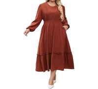 Hanna Nikole Damen Große Größen Lange Kleider V-Ausschnitt Elastische Taille A-Linien Casual Maxikleid Mit Taschen Datum Rot 48
