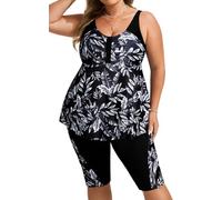 Hanna Nikole Damen Große Größen Push Up Tankini Bauchweg Elastische Hohe Taille Beachwear für Mollige Frauen Schwarze & weiße Blätter 50