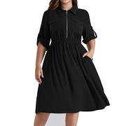 Hanna Nikole Damen Große Größen V-Ausschnitt Revers A Linien Kleider Verstellbare Reißverschluss 3/4 Sommerkleider Elastische Taille Midi Kleider Mit Taschen Schwarz 54